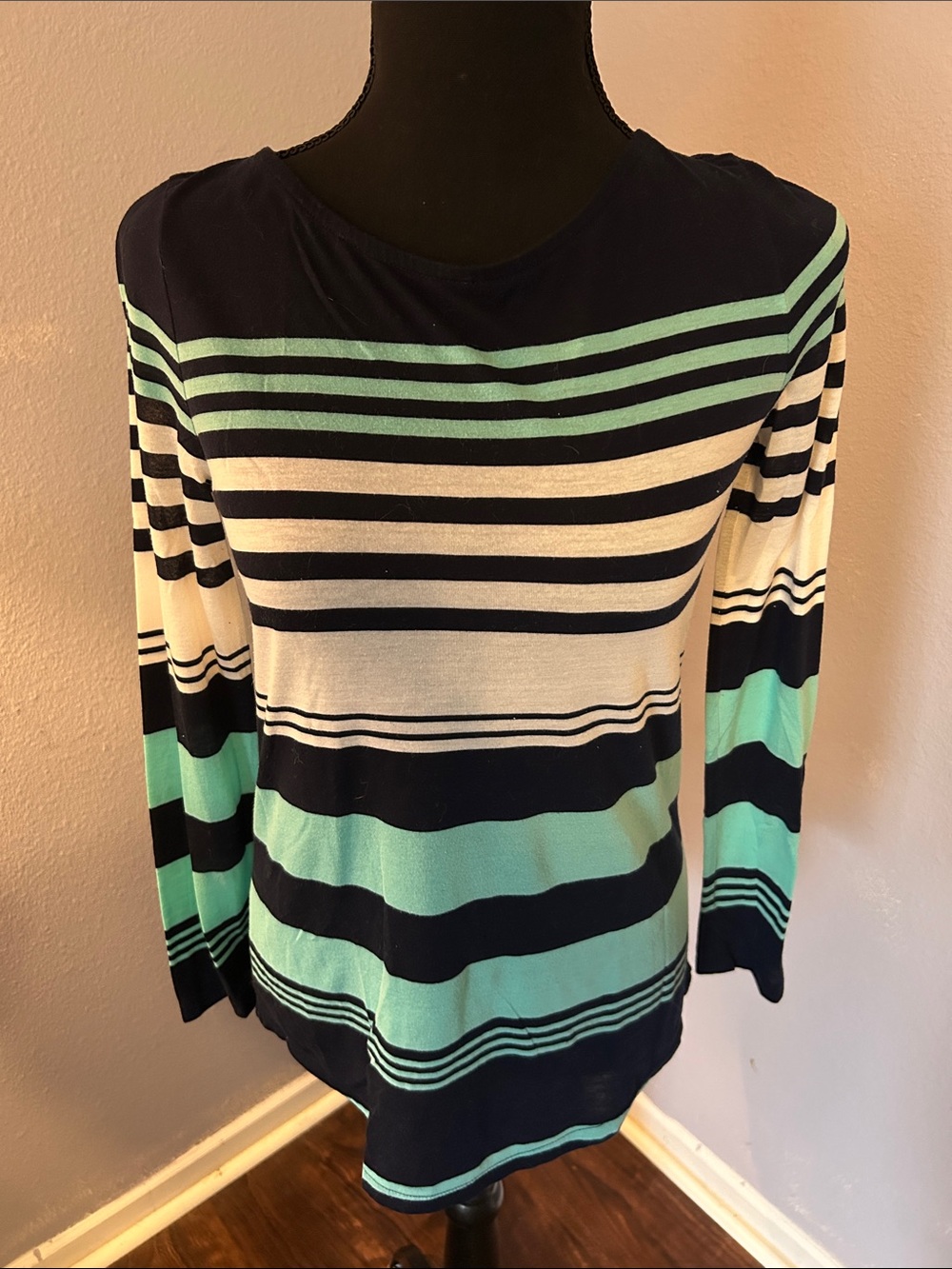 J Crew Women Striped Long-Sleeve Knit Top Navy, White & Mint Size Extra Small
